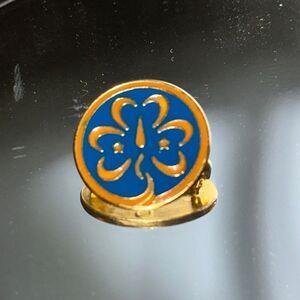 Girl Scouts Trefoil‎ blue,ornate & gold enamel painted circle pin